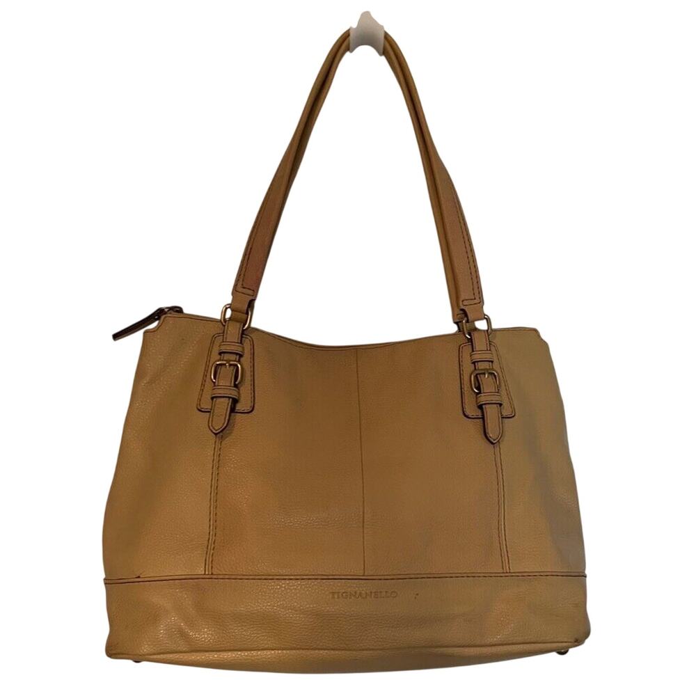 Tignanello Satchel Handbag Beige Leather Square Dual Handle Purse